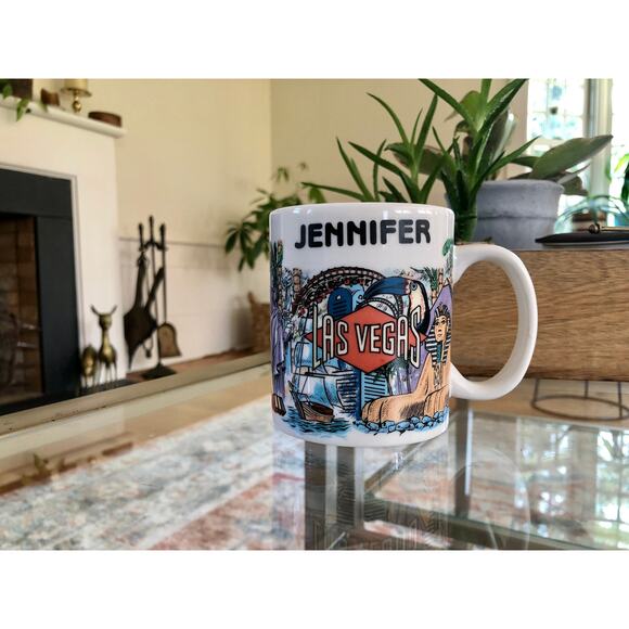 Vintage LAS VEGAS Mug Coffee/Tea Mug Casino Print, Vegas Monuments, Jennifer - Picture 1 of 10